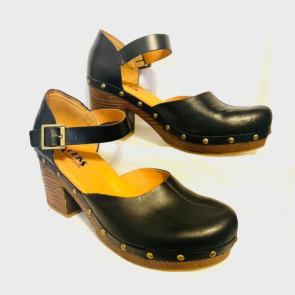 Korks By Kork Ease-Women's Black Leather Ankle Strap Closed Toe Clogs-Studs-10